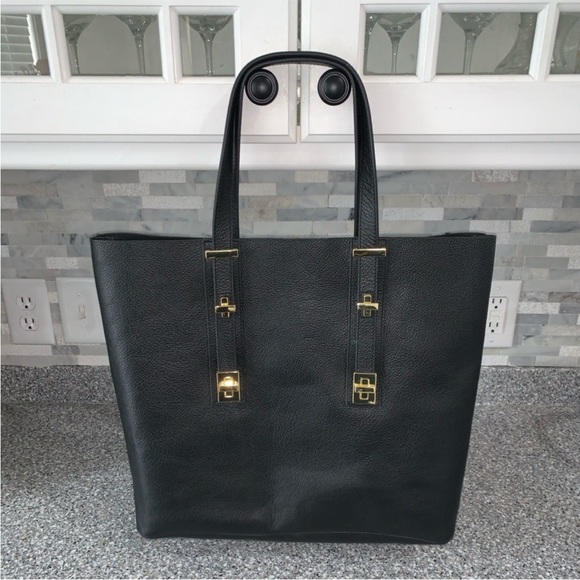 India Hicks Black Leather Solitare Shoulder Bag Purse Tote Gold Hardware - Picture 6 of 14